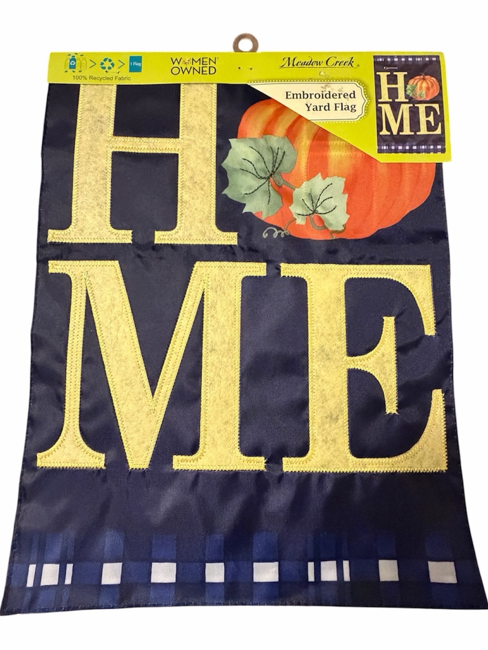 Embroidered HOME Garden Flag - Navy & Yellow with Pumpkin - NWT